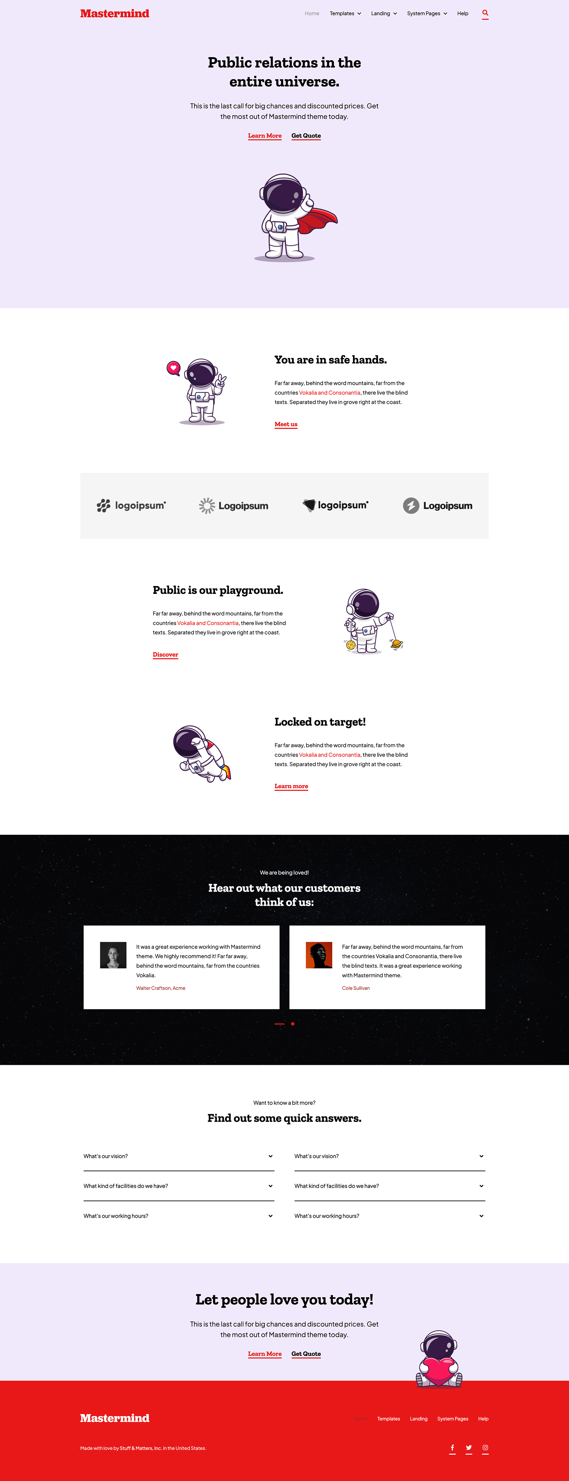 Mastermind theme "Home" template view.