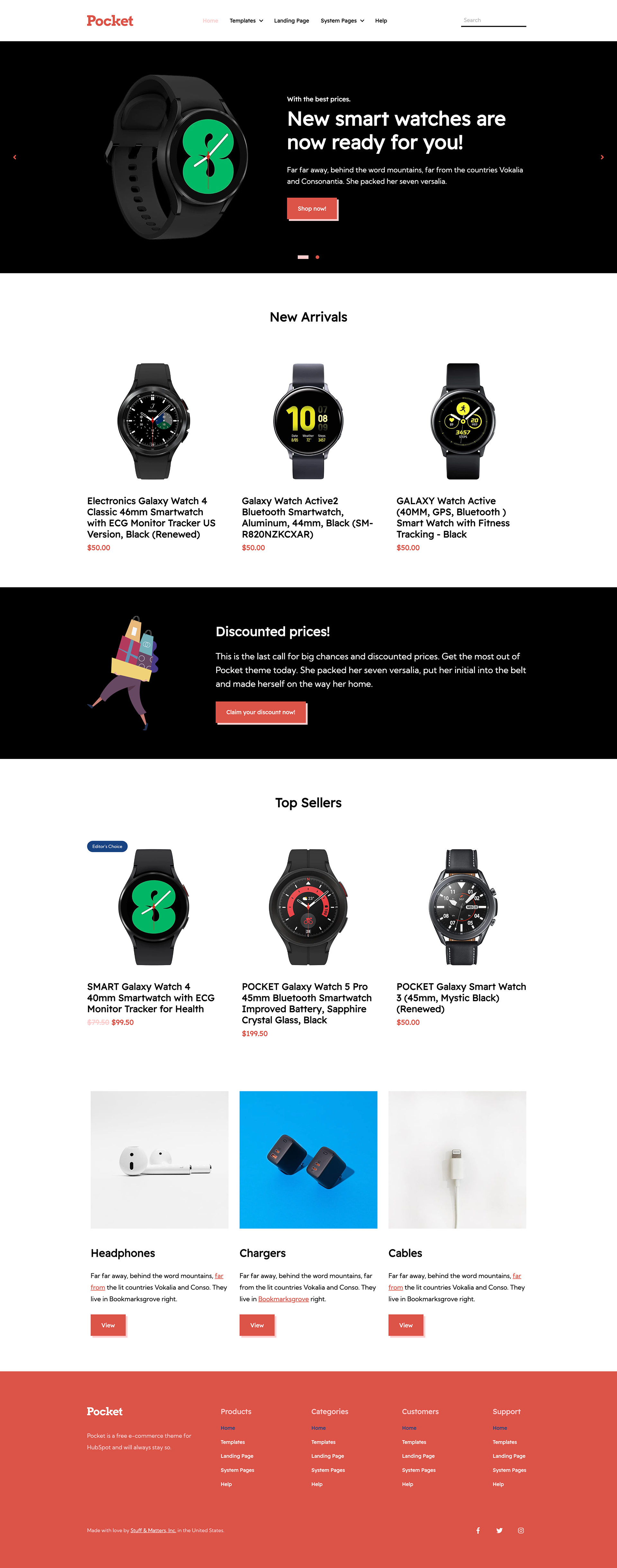 Pocket theme "Home" template view.